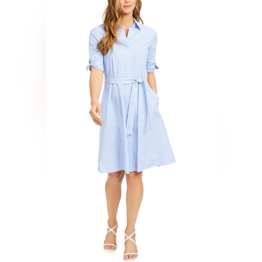 Calvin Klein Short Sleeve Shirt Dress Tie Belt Stripes Blue White 100% Cotton 2